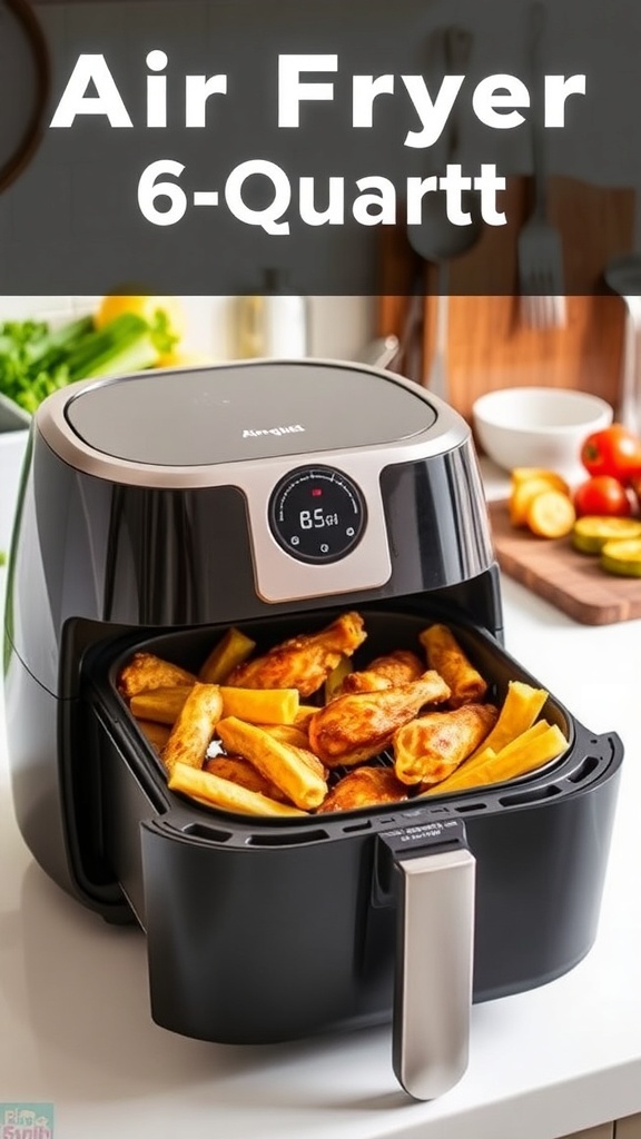 A modern 6-quart air fryer filled with crispy chicken wings, fries, and vegetables on a kitchen countertop.